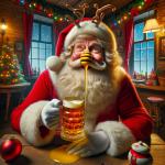 DALL·E 2023-12-24 13.31.52 - A whimsical and festive image of Santa Claus in a cozy, holiday-themed pub, with honey flowing out of his nose as he drinks beer. Santa is depicted in.png